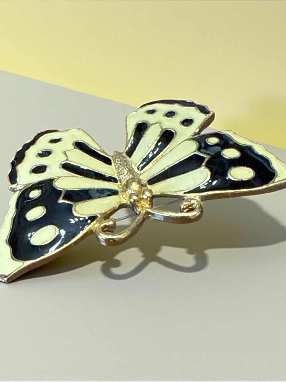 Vintage Gold Black and Cream Butterfly Brooch - Women Jewelry - Picture 3 of 6